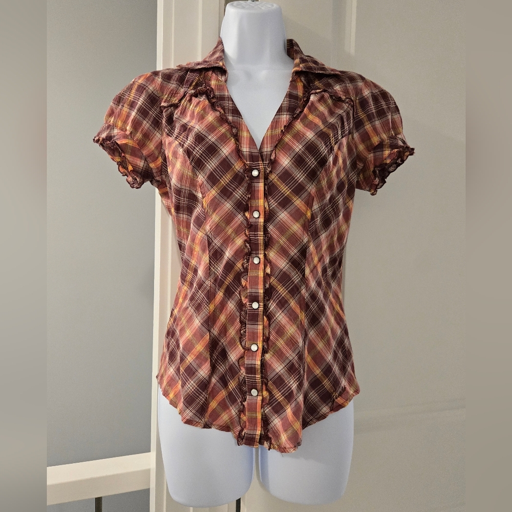 Guess Plaid V-Neck Button-down Shirt With Ruffles size XS.